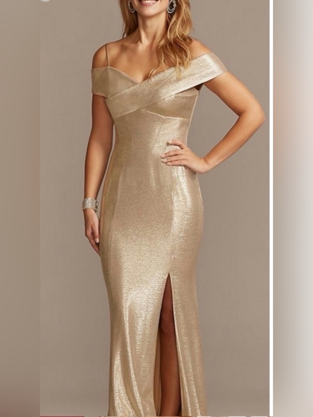 Night Way Collections Gold One-Shoulder Evening Gown with Side Slit